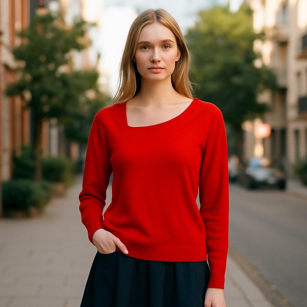 NWT ADYSON PARKER Candy Red Asymmetric Neckline Super Soft Sweater Medium